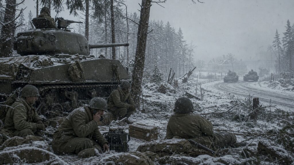 雪のアルデンヌで防御と連絡を続ける米軍部隊