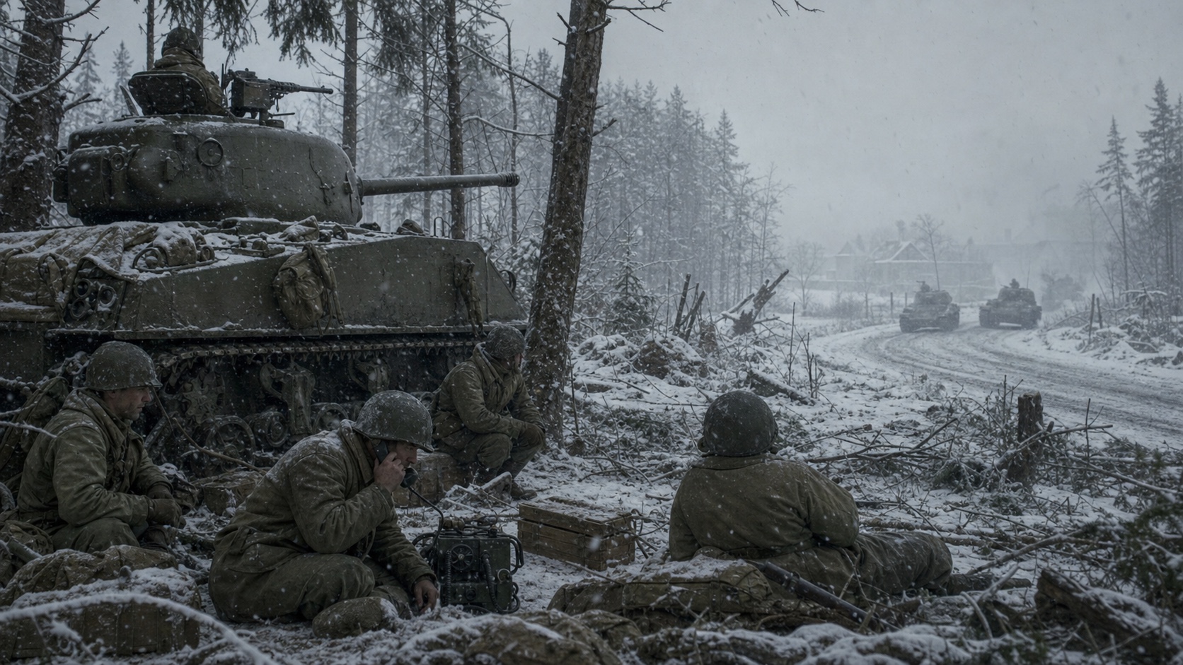 雪のアルデンヌで防御と連絡を続ける米軍部隊