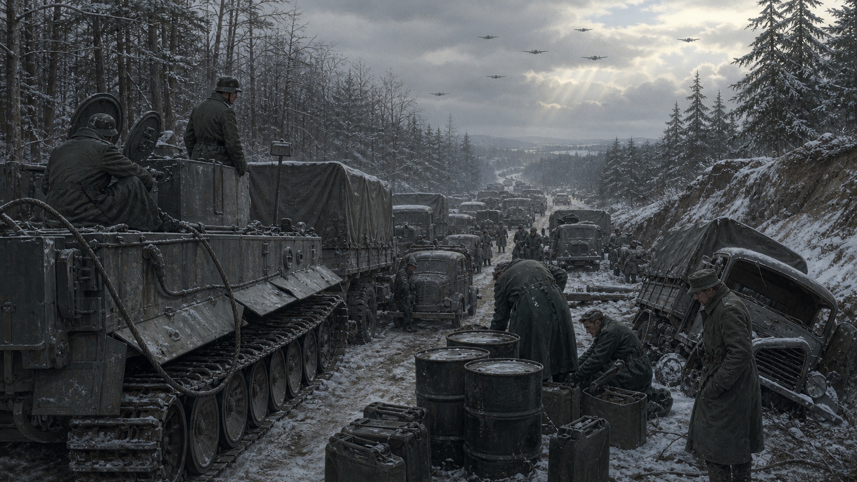 雪道で停滞するドイツ軍車列と補給作業
