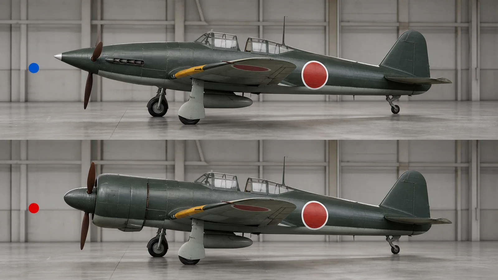 液冷型彗星と空冷型彗星の機首形状を並べた比較