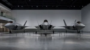 航空博物館の大展示室に並ぶF-35系列3機の非武装展示