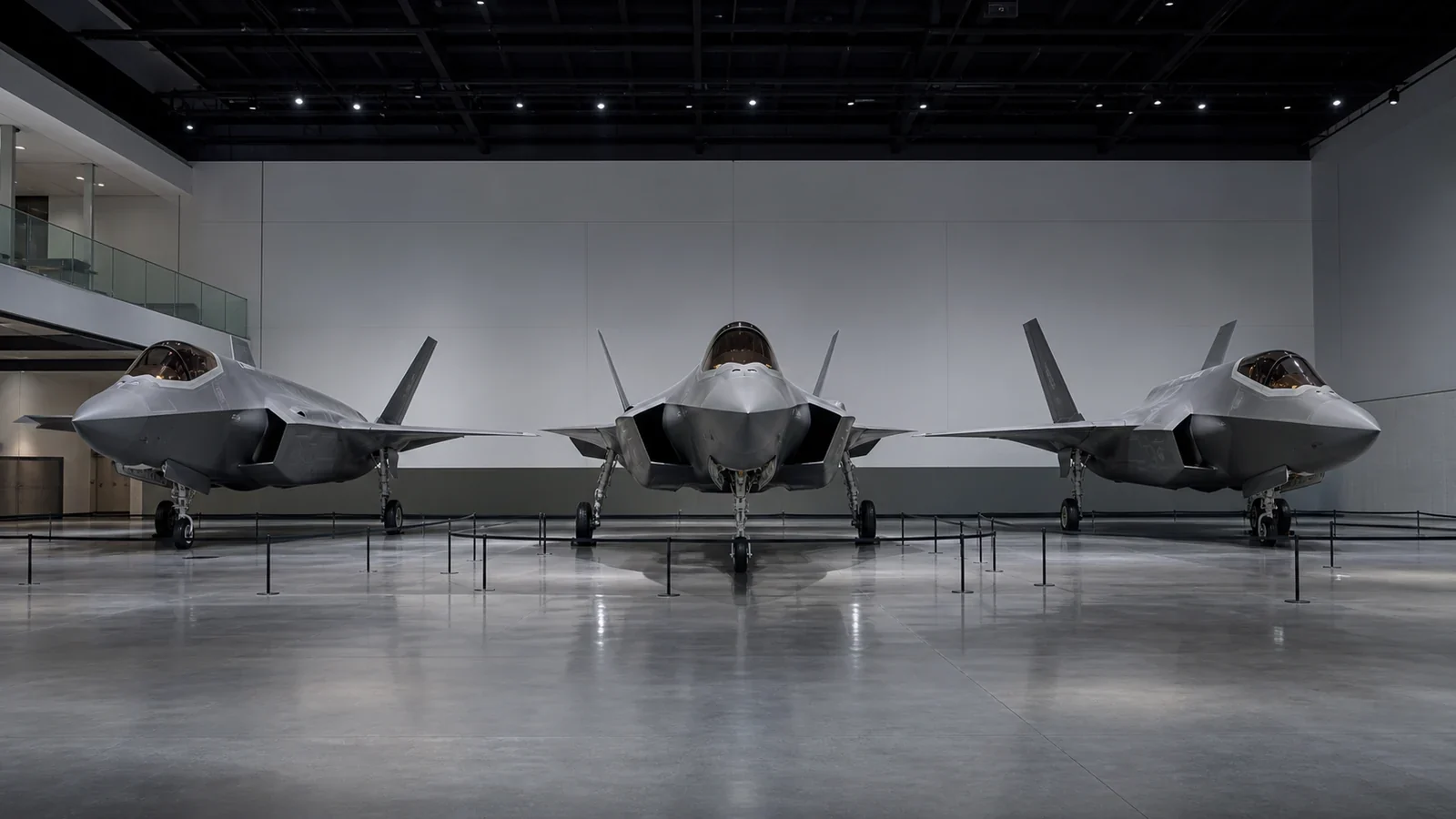 航空博物館の大展示室に並ぶF-35系列3機の非武装展示