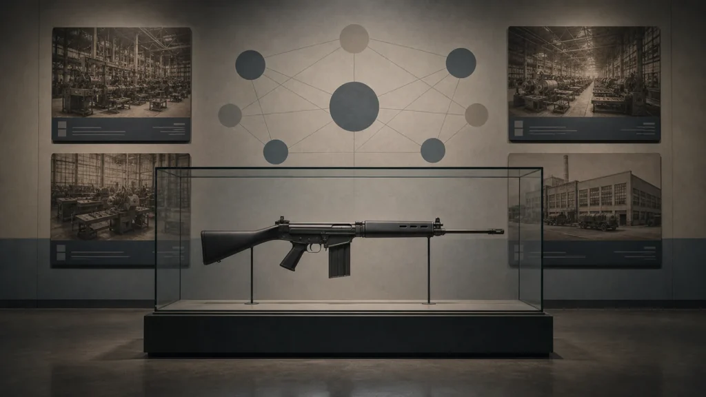 冷戦期の地図と各国工場を背景に置いた固定銃床型FN FAL
