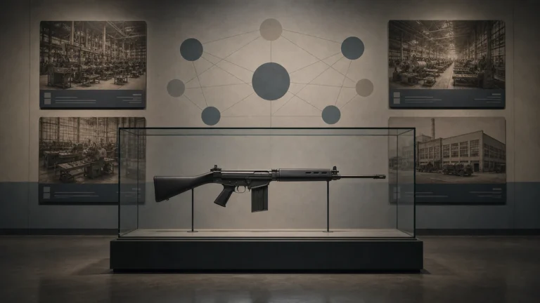 冷戦期の地図と各国工場を背景に置いた固定銃床型FN FAL