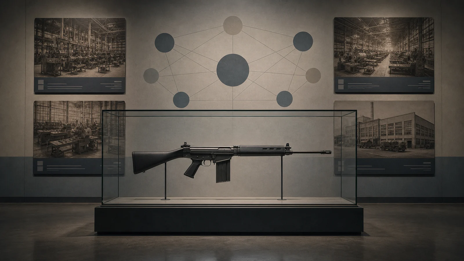 冷戦期の地図と各国工場を背景に置いた固定銃床型FN FAL