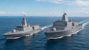 現代フリゲートと駆逐艦の艦影を任務の違いで比較する海上構図