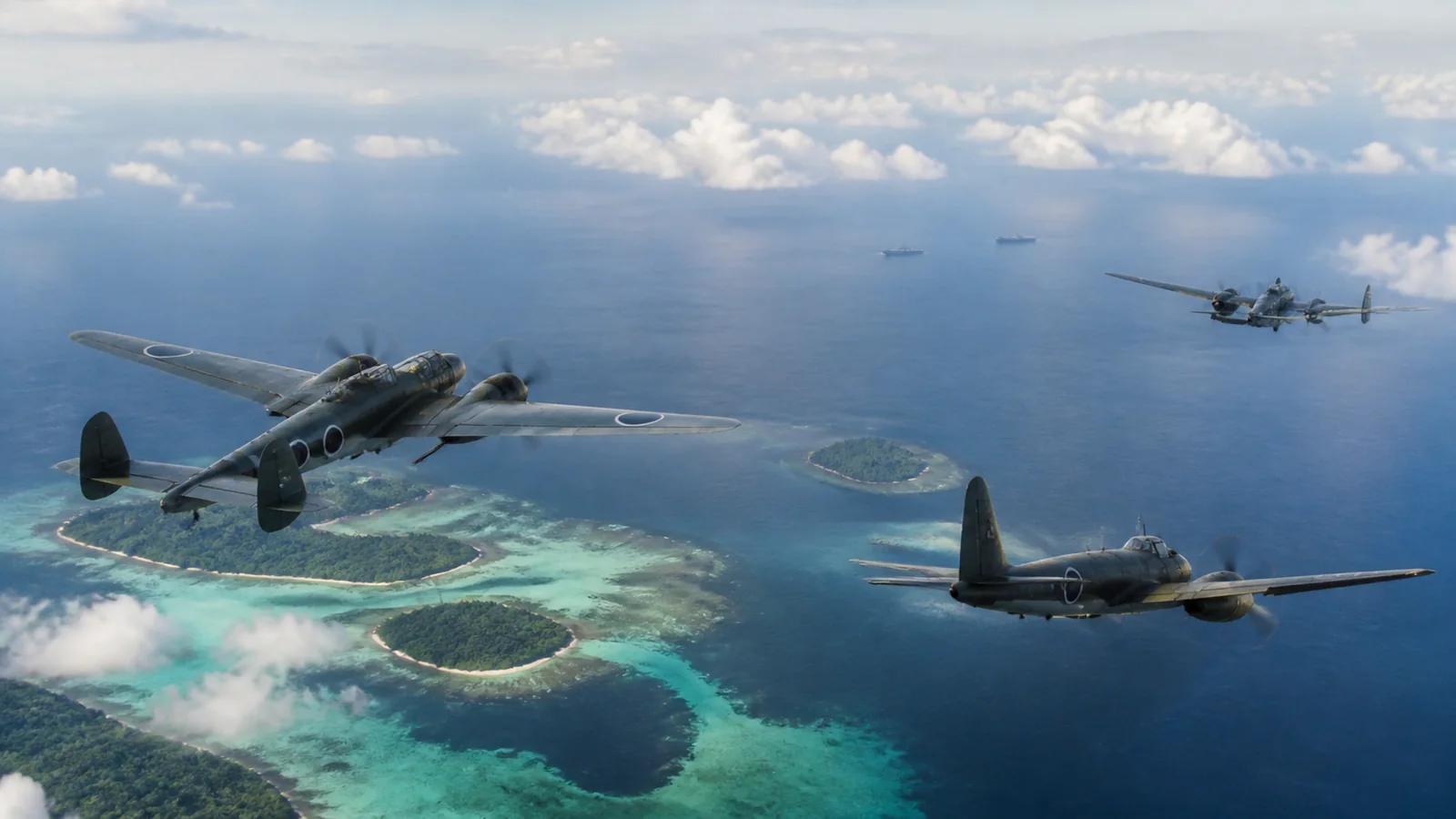 遠方の艦隊へ接近する九六陸攻と一式陸攻の基地航空隊