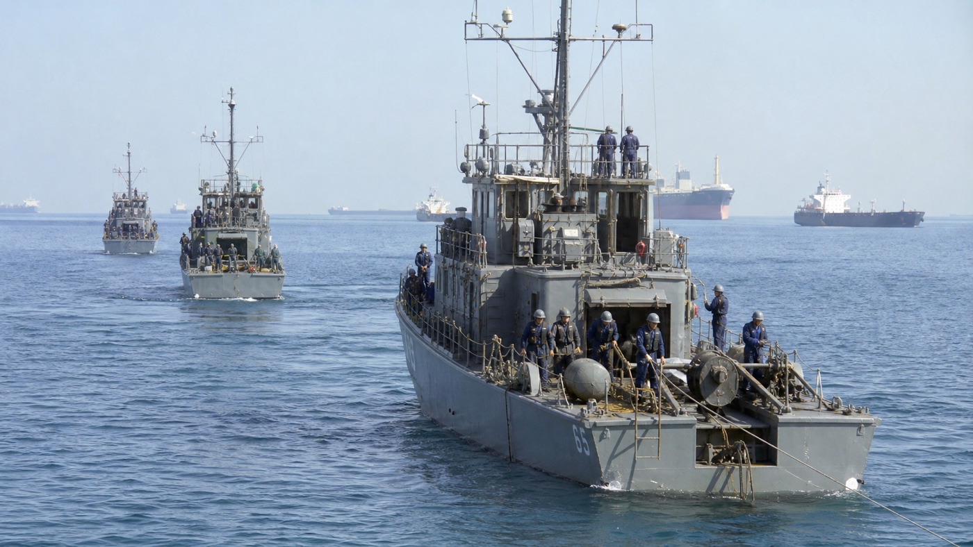 停戦後のペルシア湾で機雷除去にあたる掃海部隊の歴史復元図