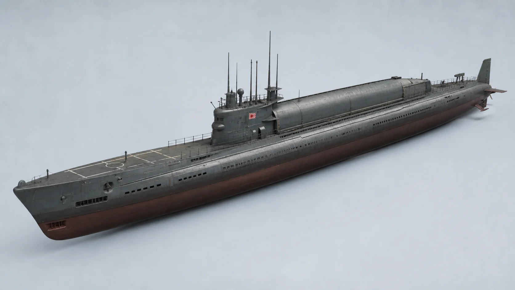 伊400型の円筒形格納筒と艦首側航空設備を示す外観図