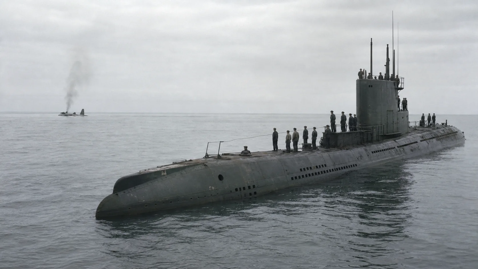終戦後に晴嵐を処分して帰投する伊400型の静かな海上場面