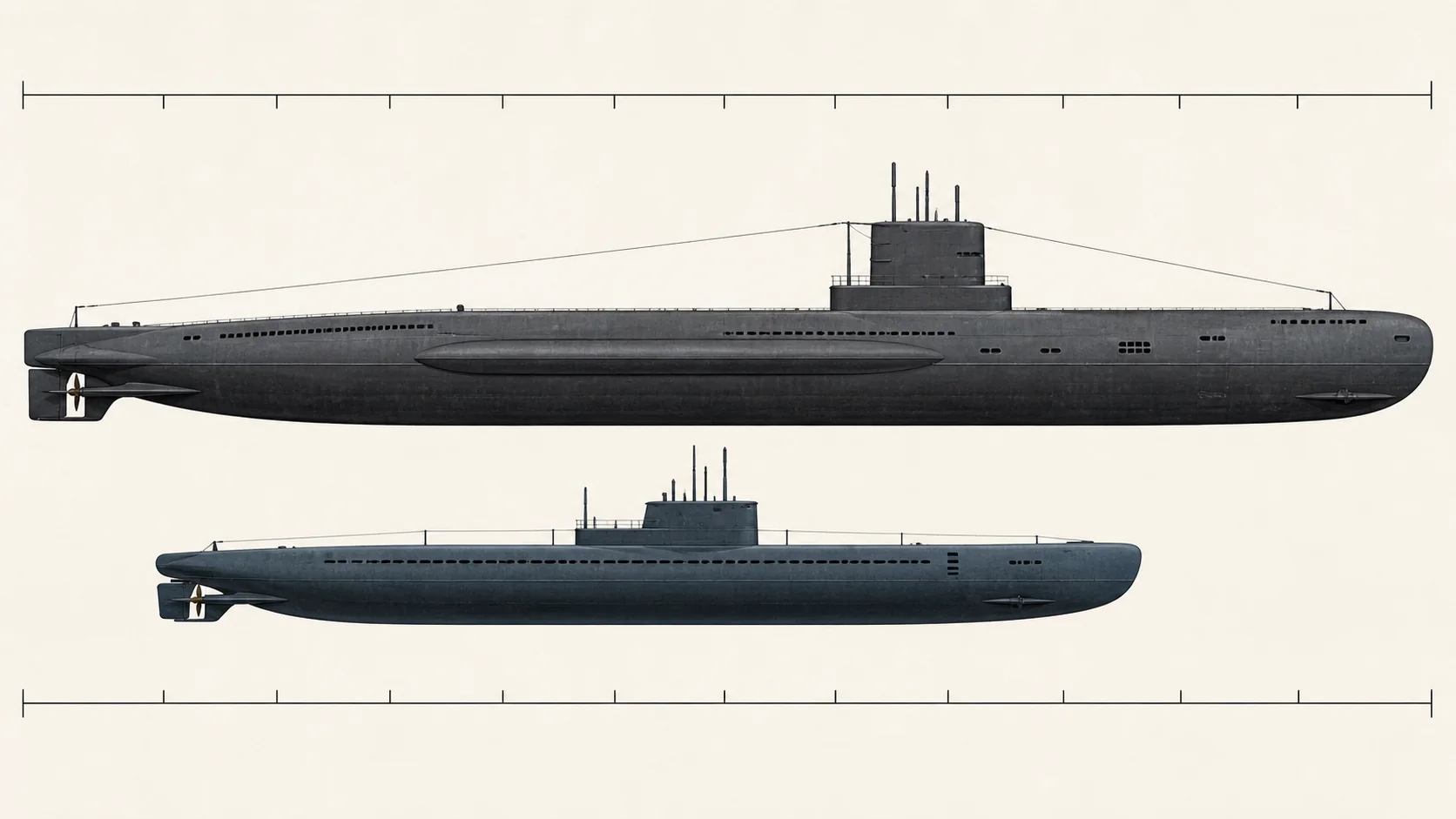 伊400型と第二次世界大戦型通常潜水艦の大きさ比較
