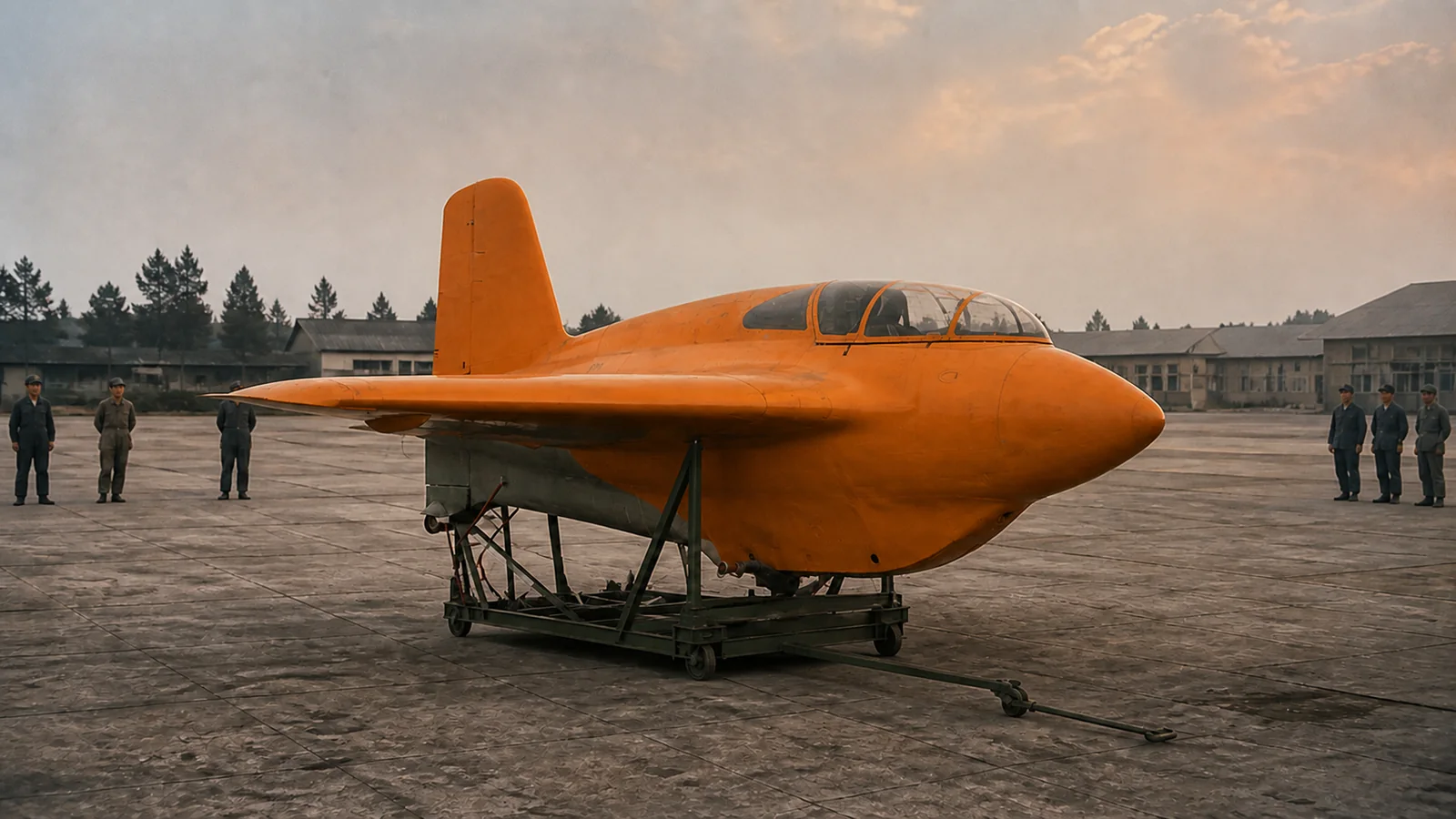 1945年夏の飛行場で初飛行準備を受ける秋水試作機