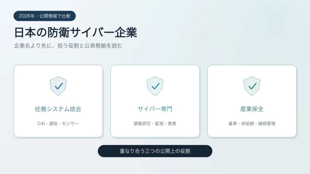 日本の防衛サイバー企業を任務システム統合・専門サイバー・産業保全の三層で示す概略図