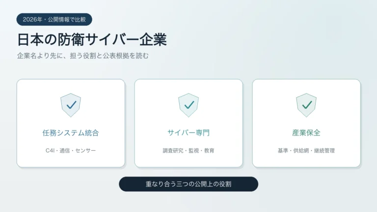 日本の防衛サイバー企業を任務システム統合・専門サイバー・産業保全の三層で示す概略図