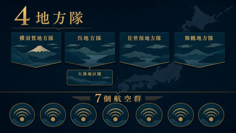 海上自衛隊の4地方隊・大湊地区隊・7個航空群を三層で示す概略図