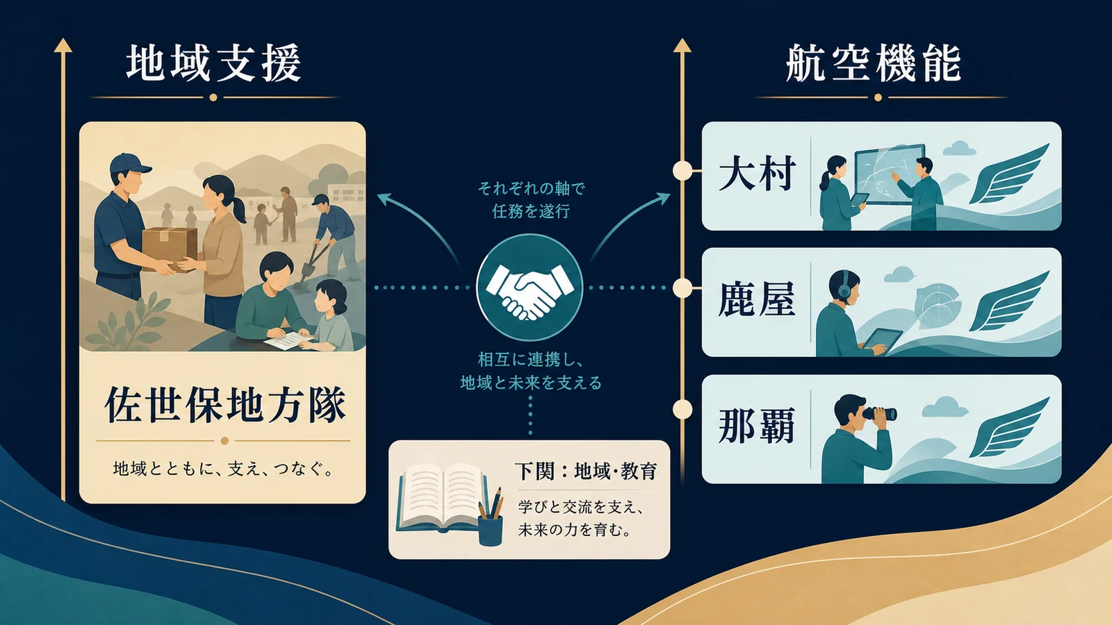 佐世保・大村・鹿屋・那覇・下関の公開機能を地方隊支援と航空に分けた概念図