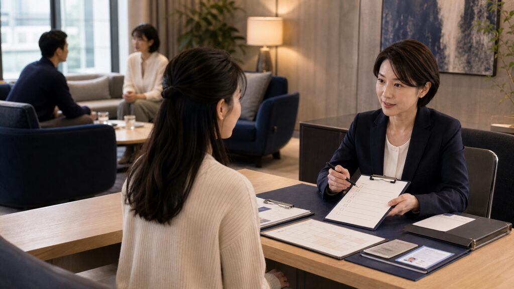 結婚相談所の契約条件と安全性を二人で確認する場面