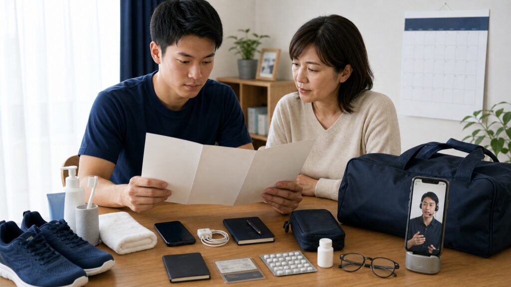 着隊案内を家族と確認し必要品を準備する入隊予定者