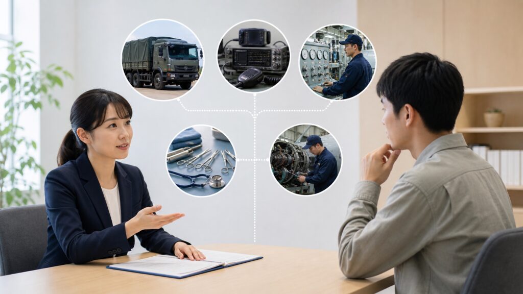 職種ごとに異なる資格・免許の取得経路を相談する応募者