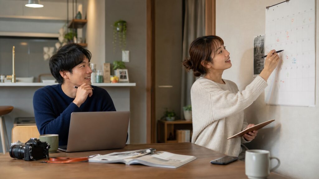 互いの予定と連絡方法を相談するカップル