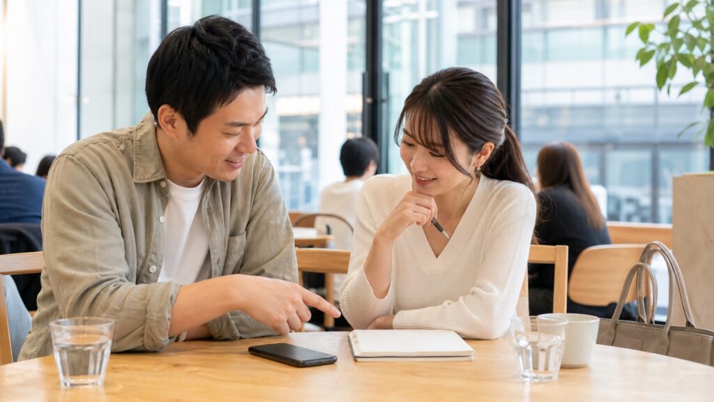 公共の場所で対等に会話する二人