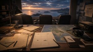 手紙・脚本・無線から航空物語を組み立てる制作机