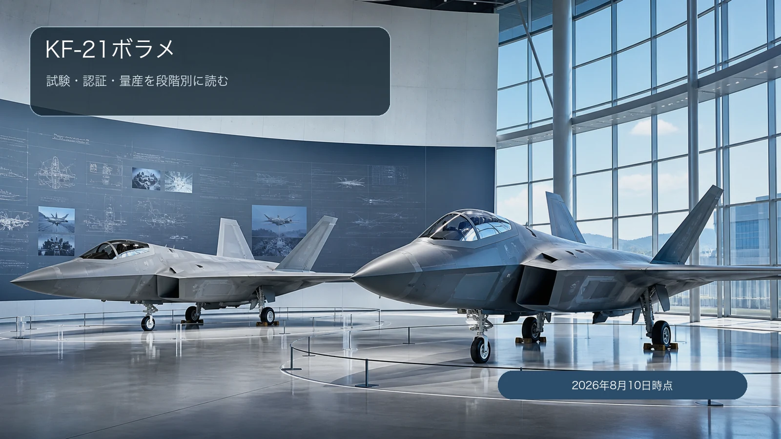 試験機から量産1号機へ進むKF-21ボラメを航空博物館風に並べた構成