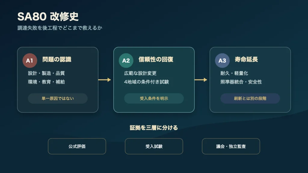 SA80のA1・A2・A3改修段階と公式評価・受入試験・独立監査を整理した図