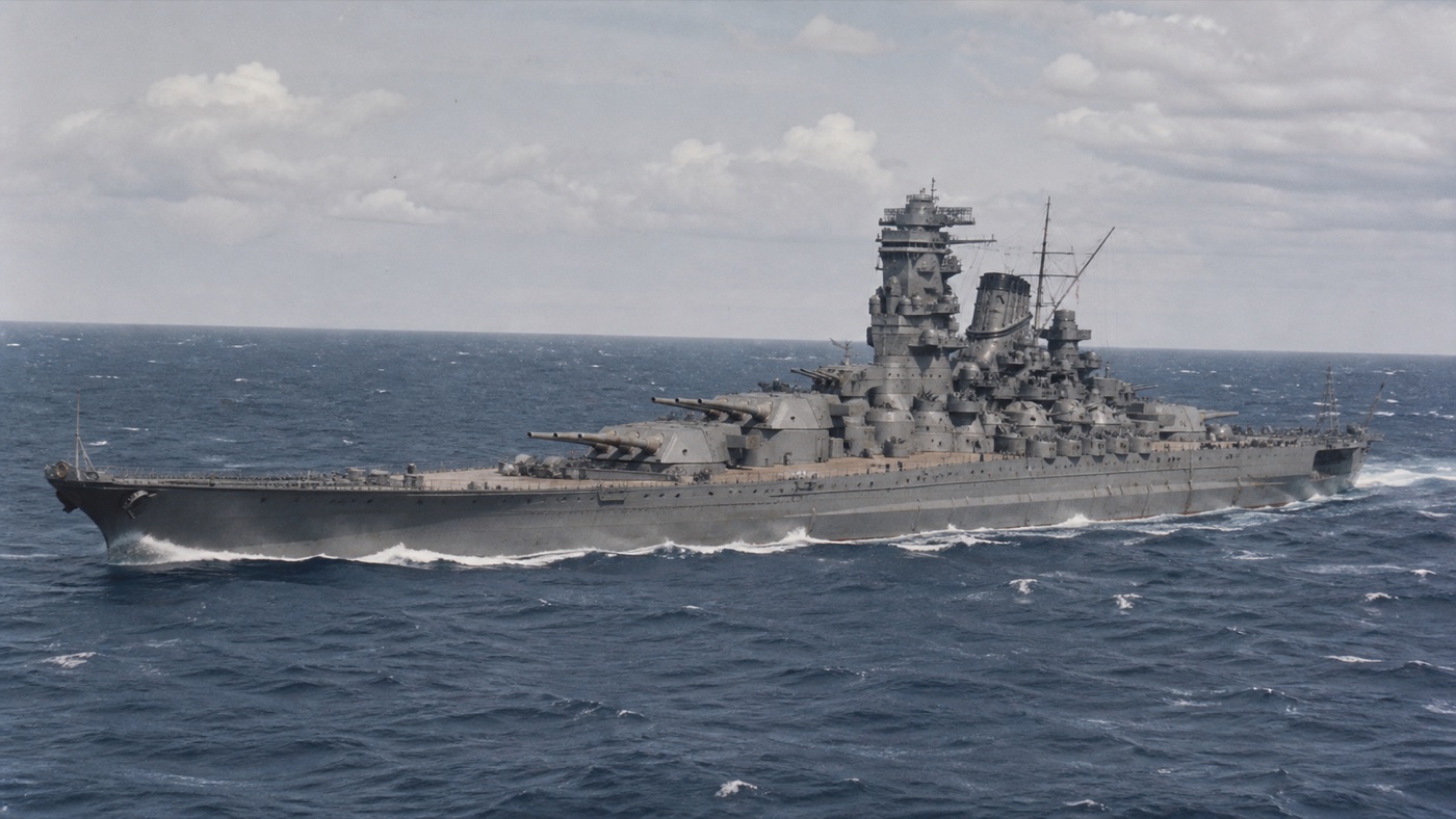 1944年の戦艦武蔵の大和型艦形を示す歴史復元図