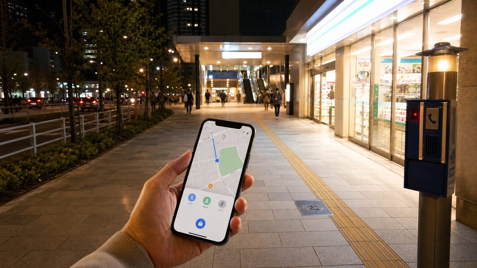 明るい夜道で位置共有を使い安全な経路を選ぶ人