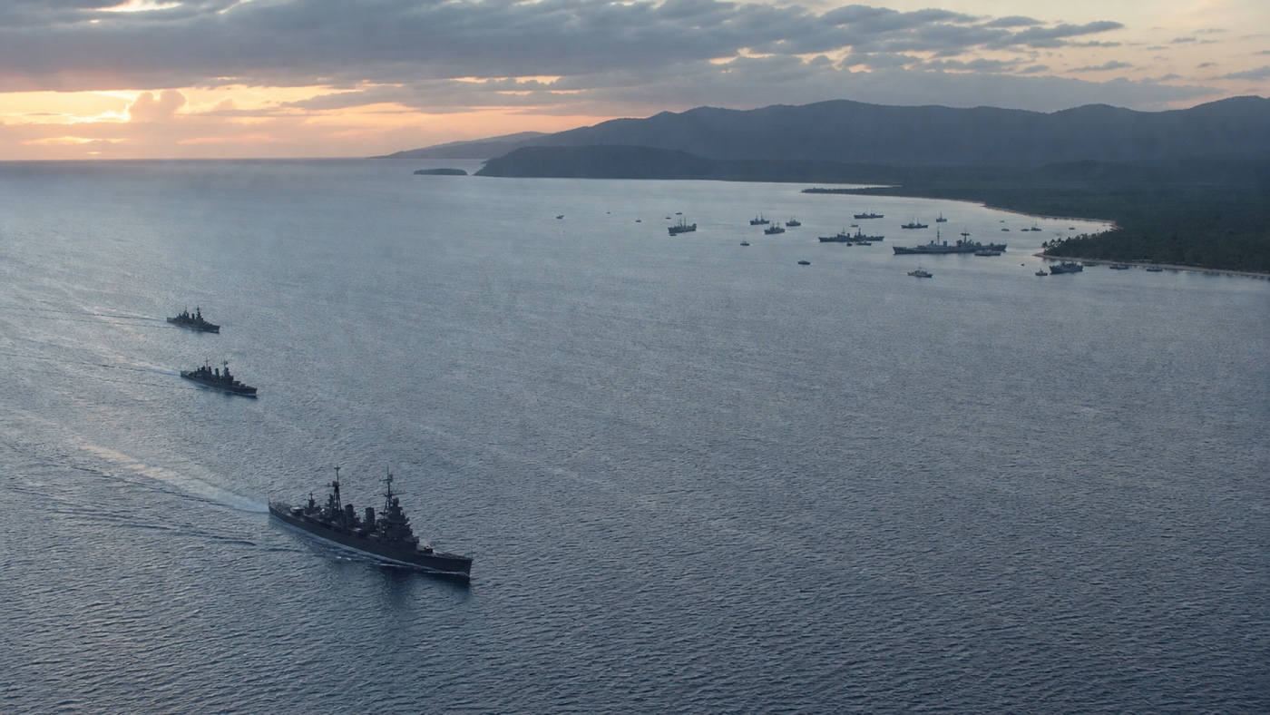 反転する三川艦隊とガダルカナル沖の連合軍輸送船団を示す編集用復元図
