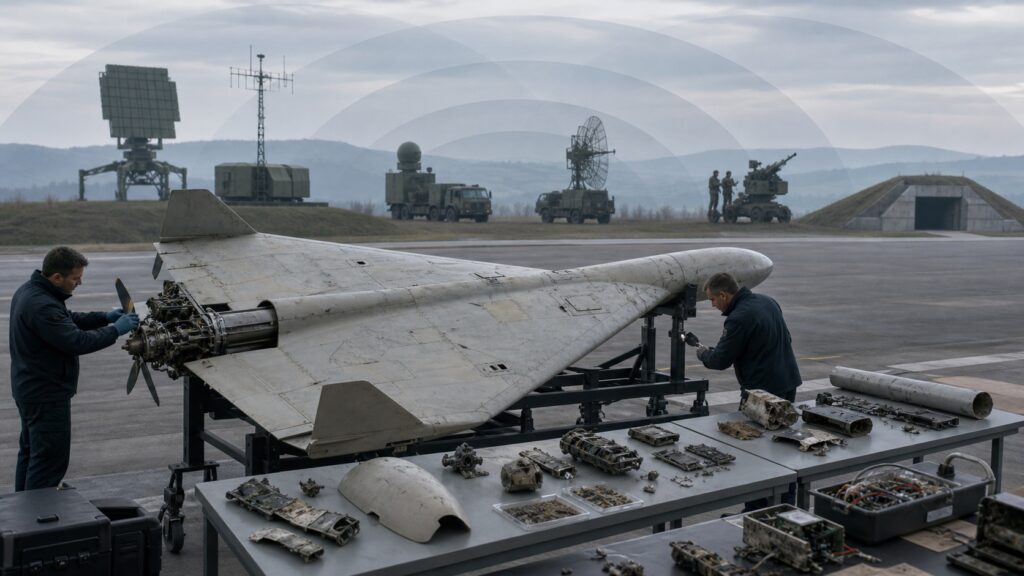 Shahed-136系無人機の機体・部品と多層防御を調べる鑑識現場
