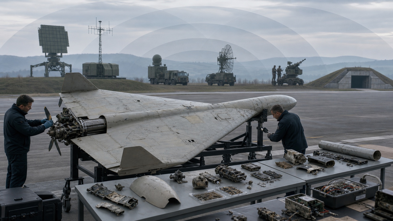 Shahed-136系無人機の機体・部品と多層防御を調べる鑑識現場