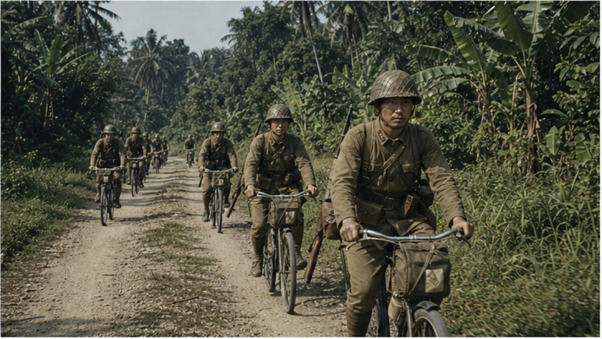 マレー半島の道路を自転車で南下する日本軍部隊