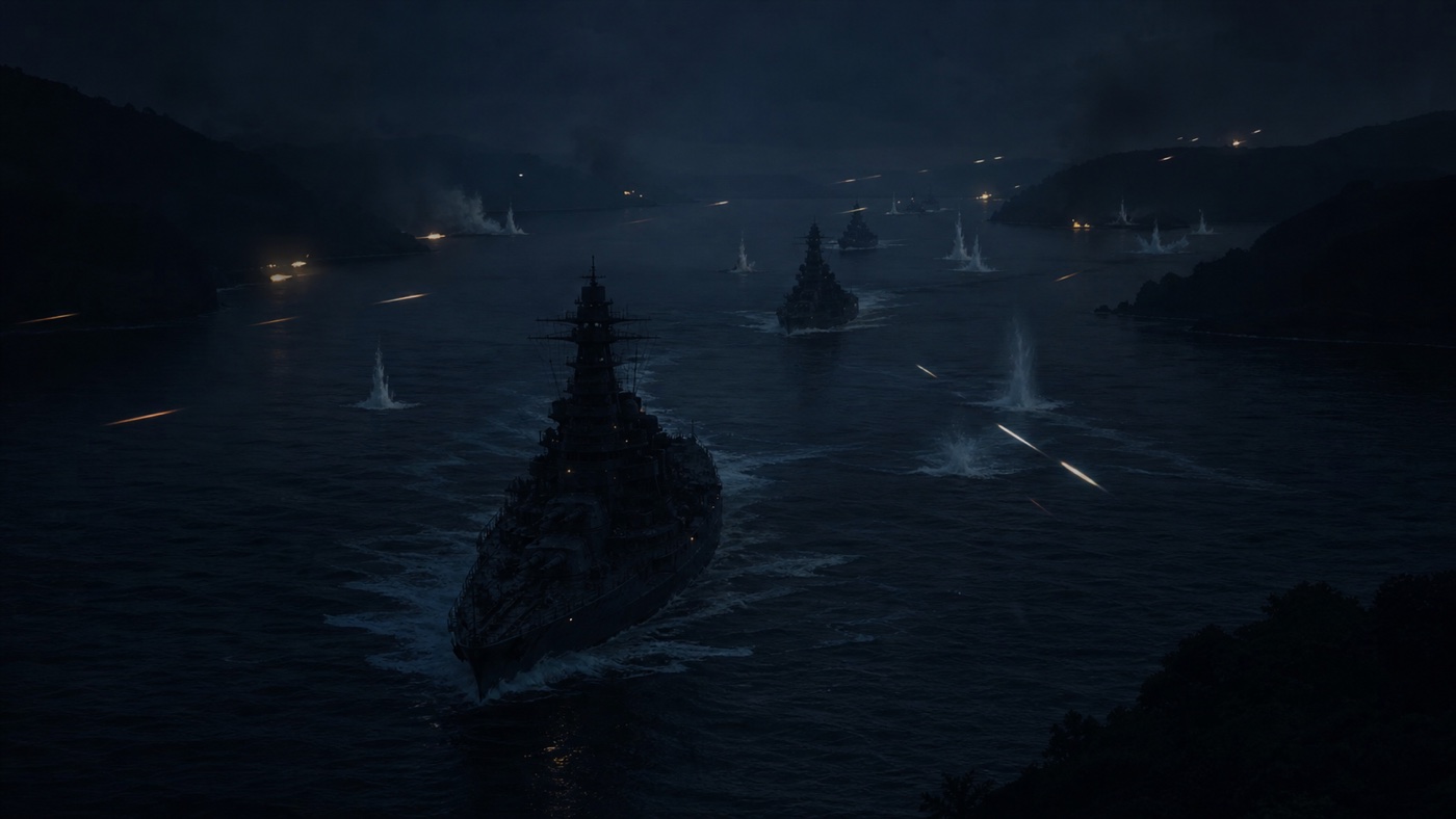 スリガオ海峡を北上する西村艦隊と米軍の迎撃を示す歴史復元図
