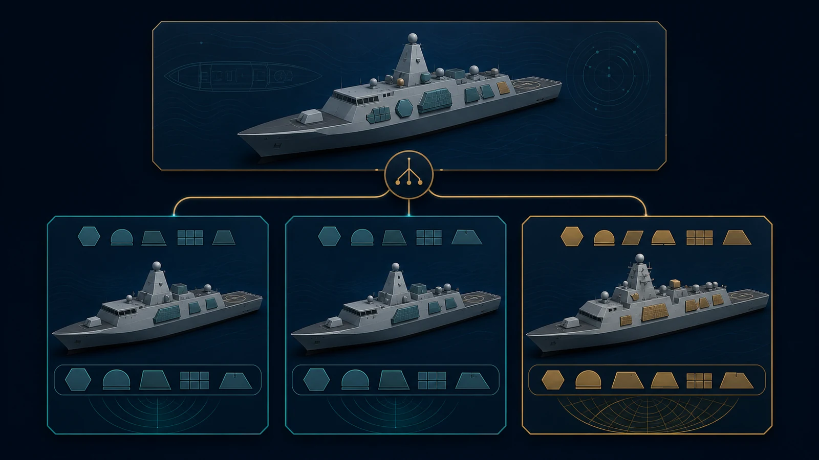 Type 26系設計から英国・豪州のフリゲートとカナダの駆逐艦へ分かれる系統図