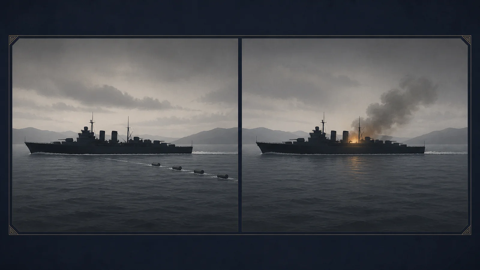最上の魚雷投棄と三隈の艦上誘爆を対比した安全判断図