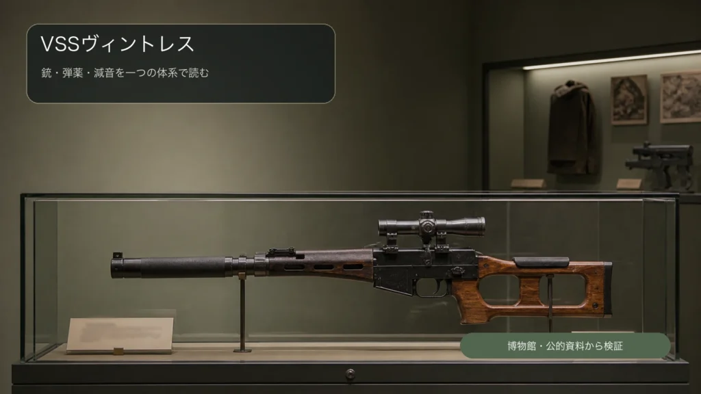 博物館の展示台に安全に固定されたVSSヴィントレス特殊狙撃銃
