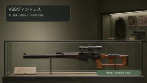 博物館の展示台に安全に固定されたVSSヴィントレス特殊狙撃銃