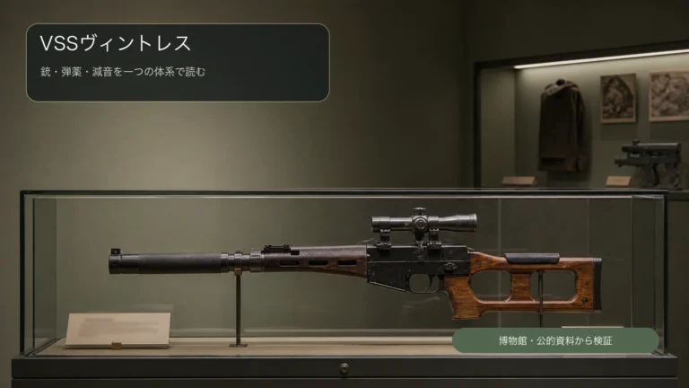 博物館の展示台に安全に固定されたVSSヴィントレス特殊狙撃銃