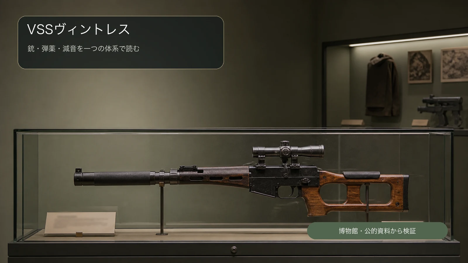 博物館の展示台に安全に固定されたVSSヴィントレス特殊狙撃銃