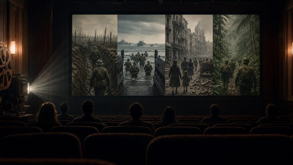 複数の時代と戦域を扱う戦争映画ガイドの創作画像