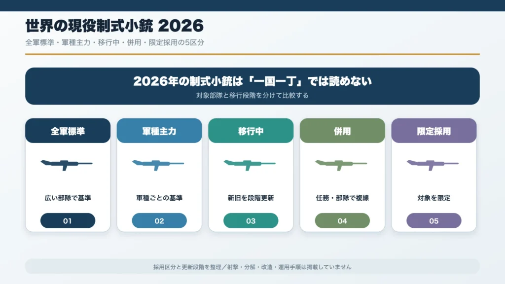 2026年の世界の制式小銃を全軍標準・移行中・併用・限定採用で色分けした概略図
