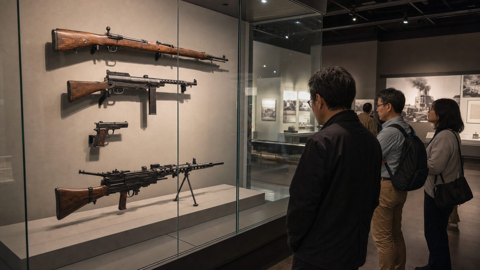 博物館で安全に展示される第二次世界大戦期の銃器