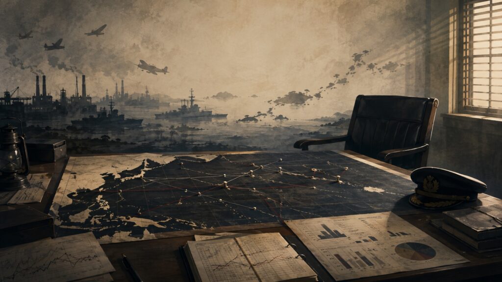 太平洋戦争の敗因を戦略・物流・生産力から考える作戦室のビジュアル