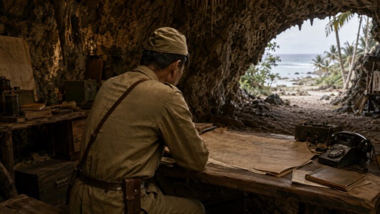 ペリリュー島の洞窟司令部で地図を確認する歩兵第2連隊長を表現した歴史ビジュアル