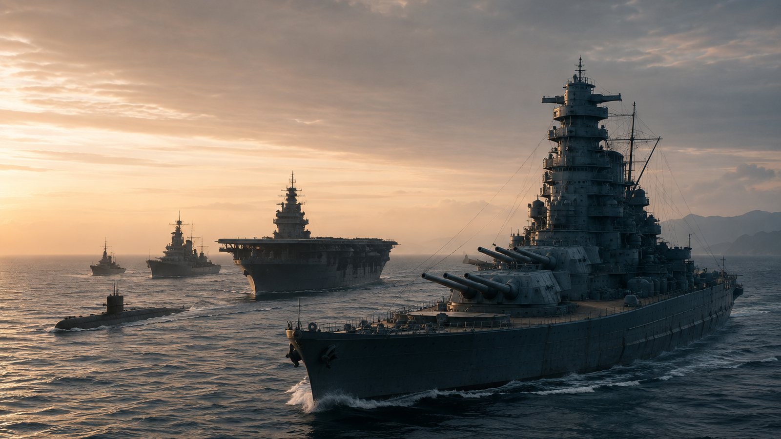 大和型戦艦を先頭に空母・巡洋艦・駆逐艦・潜水艦が航行する帝国海軍艦艇の比較ビジュアル