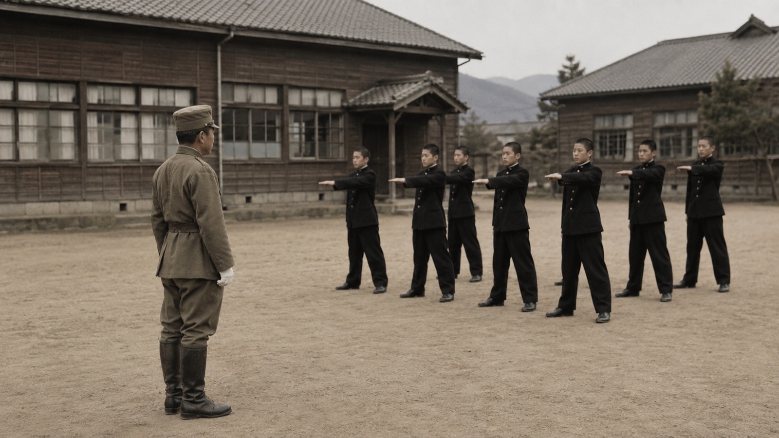 昭和初期の実業学校で生徒の教練を見守る配属将校を表現した歴史ビジュアル