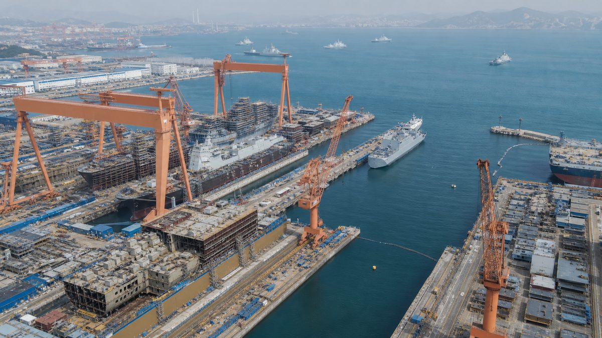 大型造船所と沖合の中国海軍艦隊を描いた編集用イメージ