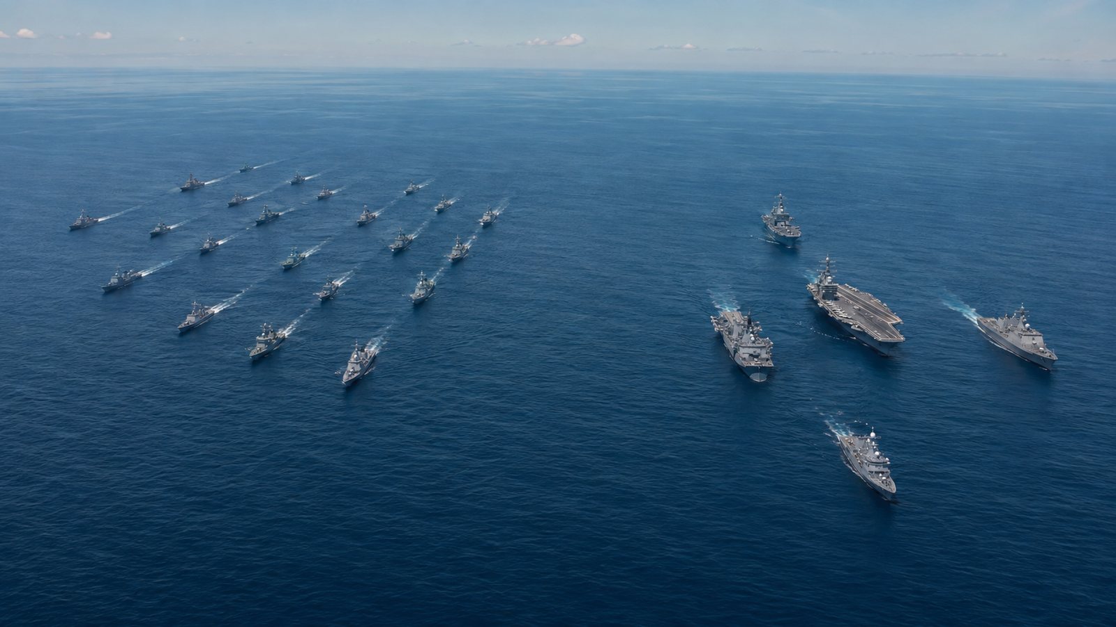 多数の中型艦と大型空母を含む海軍艦隊を上空から比較した艦隊規模のビジュアル
